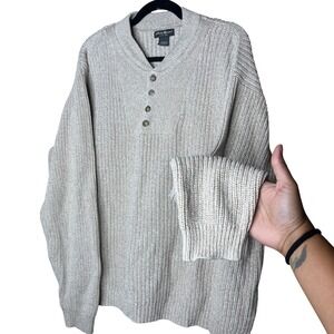Eddie Bauer Mens XXL Beige Marled Cotton Heavy Chunky Knit Shawl Henley Sweater